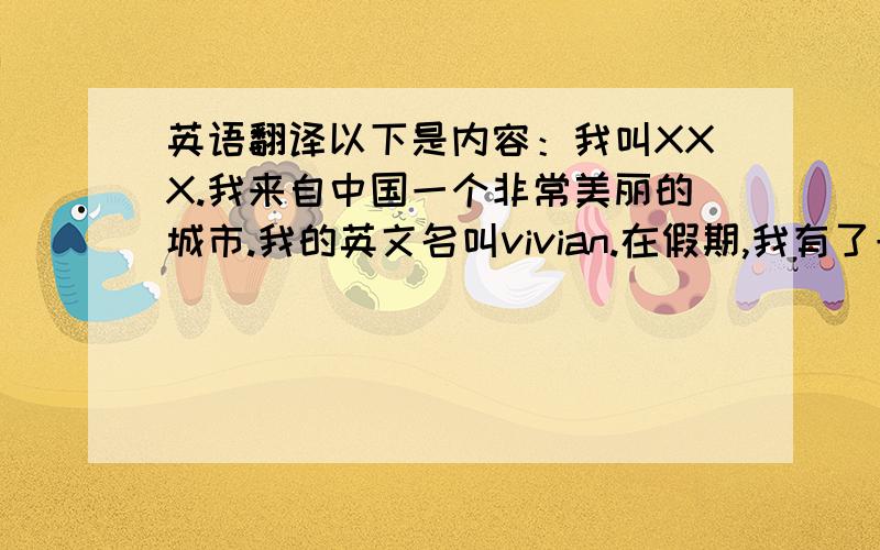 英语翻译以下是内容：我叫XXX.我来自中国一个非常美丽的城市.我的英文名叫vivian.在假期,我有了一个新朋友,他叫XXX.他是一个阳光的大男孩,是我的知心朋友.今天是他的生日,在这里,我想对他