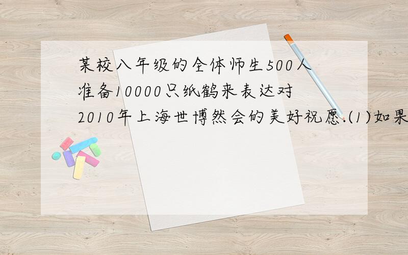 某校八年级的全体师生500人准备10000只纸鹤来表达对2010年上海世博然会的美好祝愿.(1)如果每人每天折x只,那么y天能够完成,求y关于x的函数关系式.（2）如果计划10天完成任务,那么平均每人折