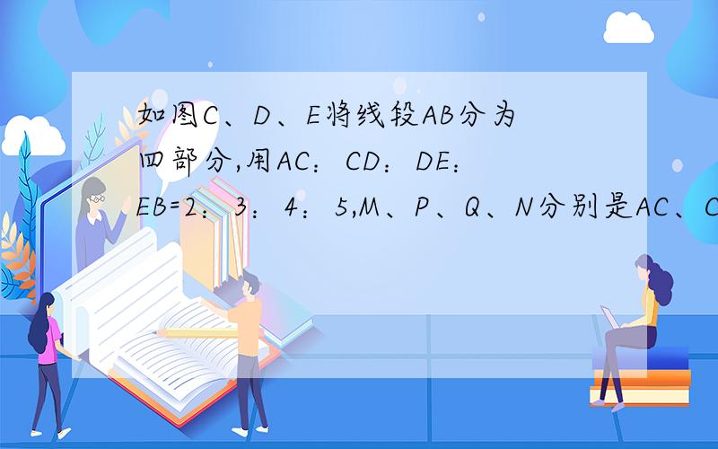 如图C、D、E将线段AB分为四部分,用AC：CD：DE：EB=2：3：4：5,M、P、Q、N分别是AC、CD、DE、EB的中点,若MN=21,求PQ的长度不要算式和方程，最好是ABCD，MPQN的关系，比如AB+什么什么=什么什么之类的