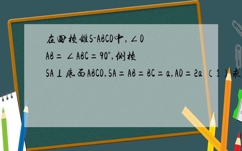 在四棱锥S-ABCD中,∠DAB=∠ABC=90°,侧棱SA⊥底面ABCD,SA=AB=BC=a,AD=2a （1）求证：平面SAC⊥平面SCD（2）求二面角A-SD-C的大小的余弦值（3）求异面直线SD与AC所成角的余弦值（4）设E为BD中点,求SE与平面