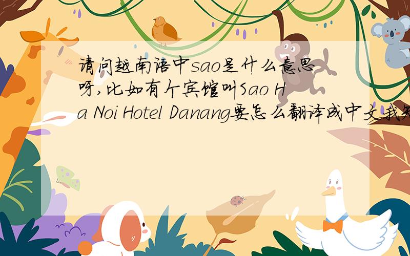 请问越南语中sao是什么意思呀,比如有个宾馆叫Sao Ha Noi Hotel Danang要怎么翻译成中文我知道ha noi好像是河内的意思,danang是岘港的意思,就那个sao不会处理.谢谢啦