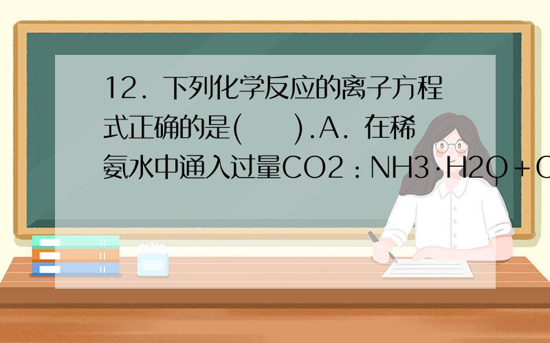 12．下列化学反应的离子方程式正确的是(　　).A．在稀氨水中通入过量CO2：NH3·H2O＋CO2===NH＋HCOB．少量SO2通入Ca(ClO)2溶液中：SO2＋H2O＋Ca2＋＋2ClO－===CaSO3↓＋2HClOC．用稀HNO3溶解FeS固体：FeS＋2H