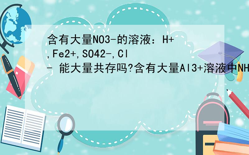 含有大量NO3-的溶液：H+,Fe2+,SO42-,Cl- 能大量共存吗?含有大量Al3+溶液中NH4+会反应生成NH3吗？