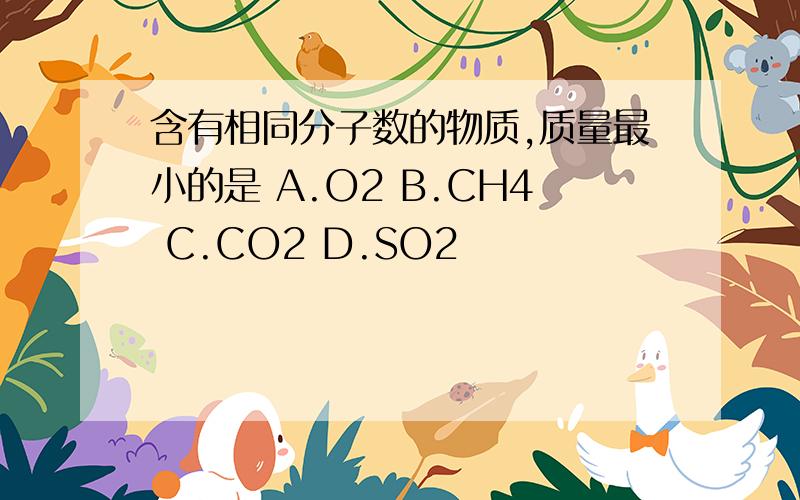 含有相同分子数的物质,质量最小的是 A.O2 B.CH4 C.CO2 D.SO2