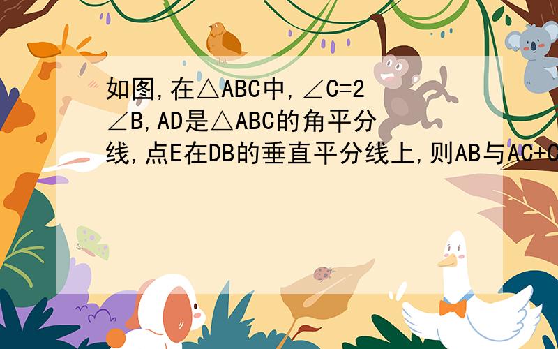 如图,在△ABC中,∠C=2∠B,AD是△ABC的角平分线,点E在DB的垂直平分线上,则AB与AC+CD有什么大小关系?请说明理由.