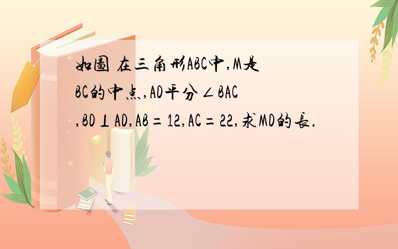 如图 在三角形ABC中,M是BC的中点,AD平分∠BAC,BD⊥AD,AB=12,AC=22,求MD的长.