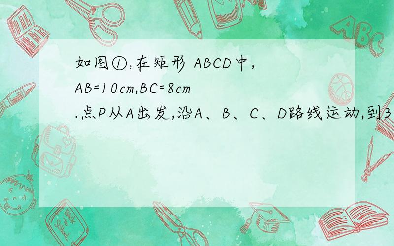 如图①,在矩形 ABCD中,AB=10cm,BC=8cm.点P从A出发,沿A、B、C、D路线运动,到30、如图①,在矩形 ABCD中,AB＝10cm,BC＝8cm．点P从A出发,沿A、B、C、D路线运动,到D停止；点Q从D出发,沿 D→C→B→A路线运动,到A