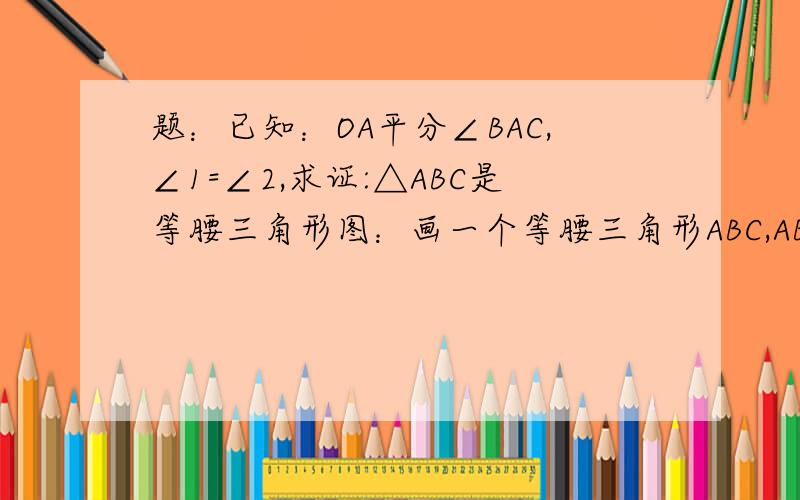 题：已知：OA平分∠BAC,∠1=∠2,求证:△ABC是等腰三角形图：画一个等腰三角形ABC,AB与AC是腰,O为三角形内一点且AO为∠BAC的角平分线,注意：O不在BC上~最后再连接OB、OC.最后标上∠OBC为∠1,∠OCB
