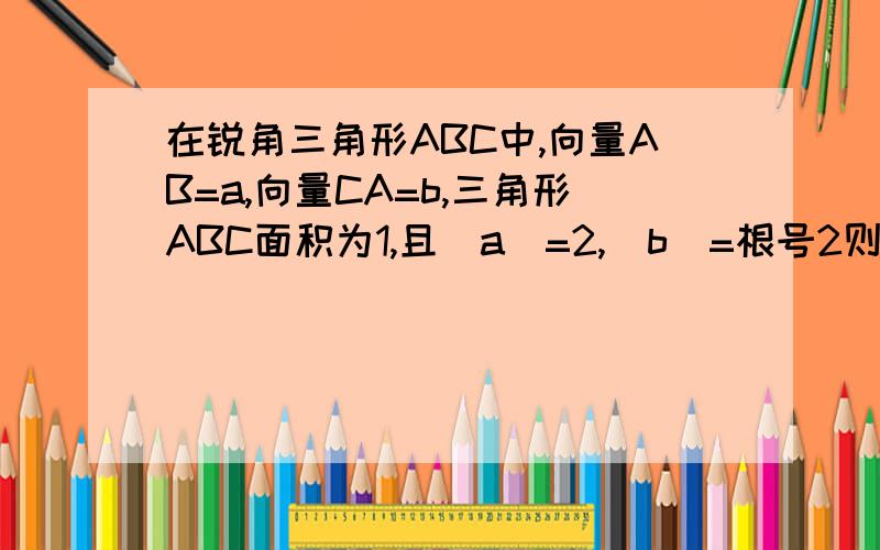 在锐角三角形ABC中,向量AB=a,向量CA=b,三角形ABC面积为1,且|a|=2,|b|=根号2则ab=?