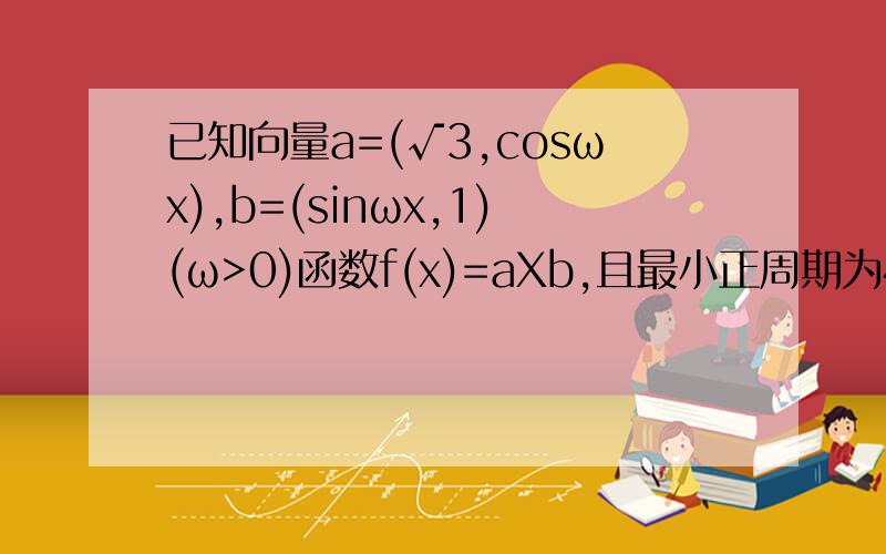 已知向量a=(√3,cosωx),b=(sinωx,1)(ω>0)函数f(x)=aXb,且最小正周期为4π.1.设α,β∈[π/2,π],f(2α-π/3)=6/5,f(2β+2π/3)=-24/13,求sin(α+β)的值