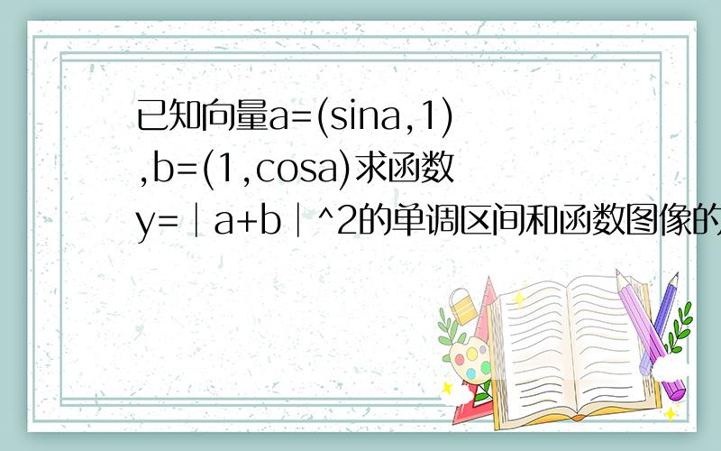 已知向量a=(sina,1),b=(1,cosa)求函数y=│a+b│^2的单调区间和函数图像的对称轴方程
