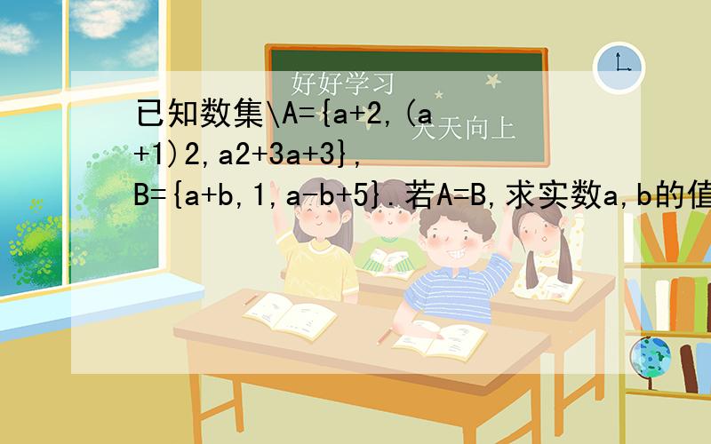 已知数集\A={a+2,(a+1)2,a2+3a+3},B={a+b,1,a-b+5}.若A=B,求实数a,b的值