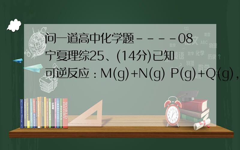 问一道高中化学题----08宁夏理综25、(14分)已知可逆反应：M(g)+N(g) P(g)+Q(g),ΔH＞0.请回答下列问题：（1）在某温度下,反应物的起始浓度分别为：c(M)= 1 mol•L-1,c(N)=2.4 mol•L-1；达到平衡后,M