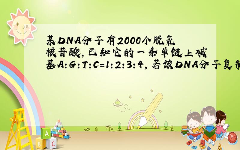 某DNA分子有2000个脱氧核苷酸,已知它的一条单链上碱基A:G:T:C=1:2:3:4,若该DNA分子复制一次,则需要腺嘌呤脱氧核苷酸的数量是?