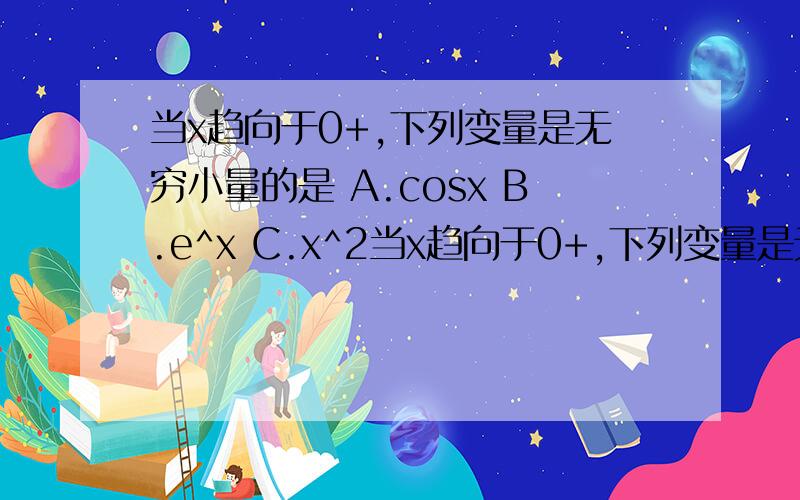 当x趋向于0+,下列变量是无穷小量的是 A.cosx B.e^x C.x^2当x趋向于0+,下列变量是无穷小量的是 A.cosx B.e^x C.x^2 D.lnx,