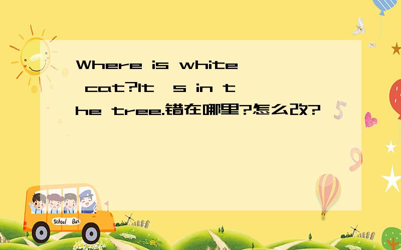 Where is white cat?It's in the tree.错在哪里?怎么改?