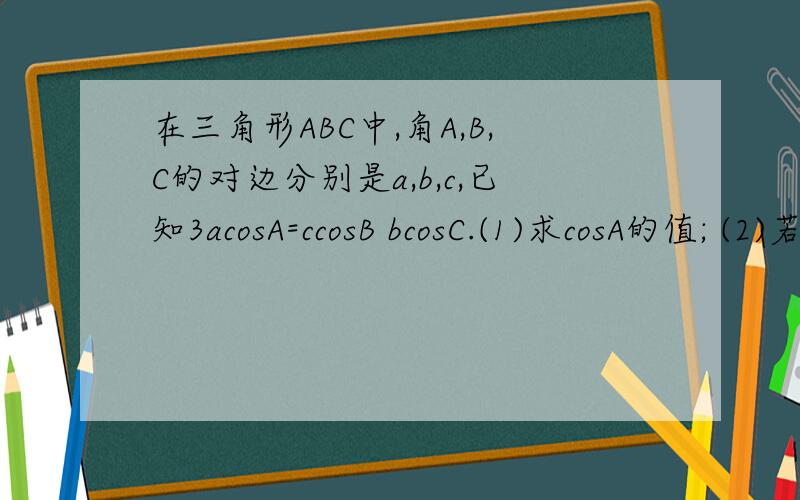 在三角形ABC中,角A,B,C的对边分别是a,b,c,已知3acosA=ccosB bcosC.(1)求cosA的值; (2)若a＝1,cosB cosC= （2跟号3）/3,求边c的值.3acosA=ccosB加bcosC.cosB 加cosC=
