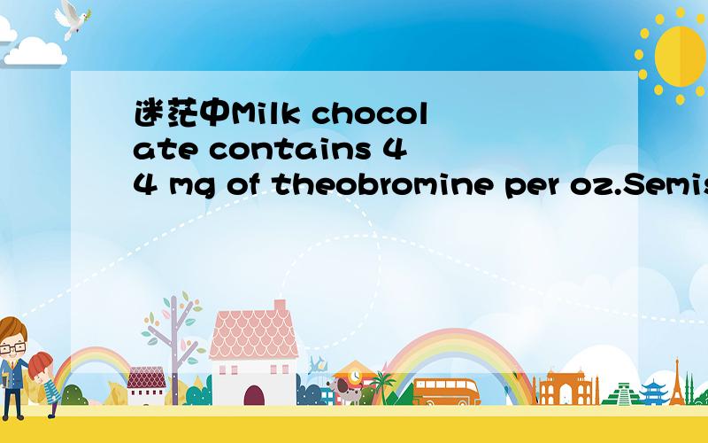 迷茫中Milk chocolate contains 44 mg of theobromine per oz.Semisweet chocolate contains 150mg/oz.Baker's chocolate 390mg/oz.Using a dose of 100 mg/kg as the toxic dose it comes out roughly as:1 ounce per 1 pound of body weight for Milk chocolate1 o
