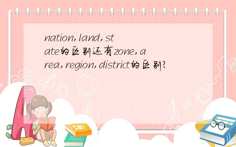 nation,land,state的区别还有zone,area,region,district的区别?