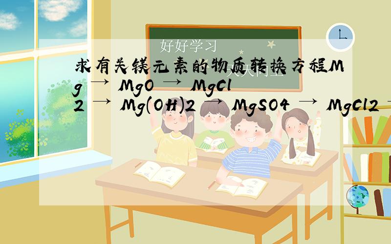 求有关镁元素的物质转换方程Mg → MgO → MgCl2 → Mg(OH)2 → MgSO4 → MgCl2 → Mg请求每一步的方程式.