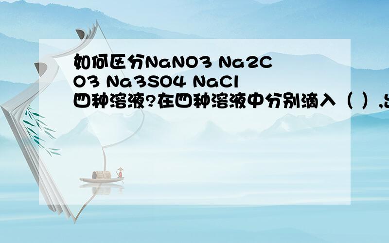 如何区分NaNO3 Na2CO3 Na3SO4 NaCl四种溶液?在四种溶液中分别滴入（ ）,出现（ ）现象的是（ ）,离子方程式是（ ）.在剩余三支试管中分别滴入（ ）,出现（ ）现象的是（ ）,离子方程式是（ ）.