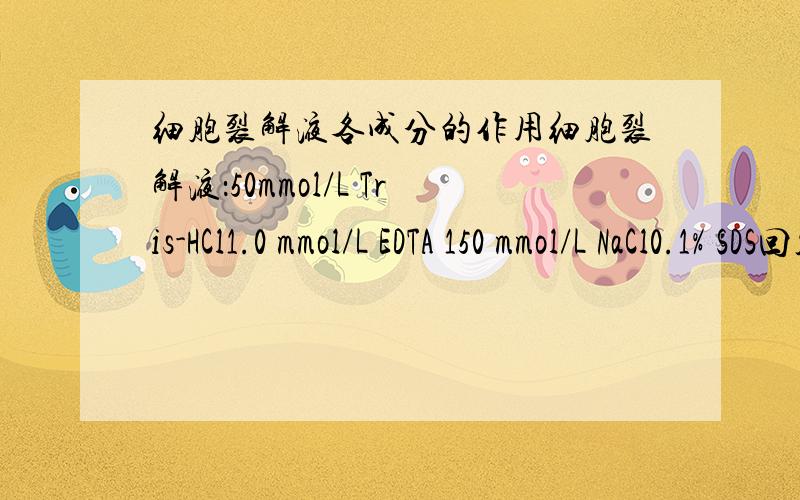 细胞裂解液各成分的作用细胞裂解液：50mmol/L Tris-HCl1.0 mmol/L EDTA 150 mmol/L NaCl0.1% SDS回答请简明易懂,不要答非所问.