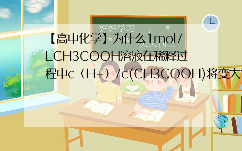 【高中化学】为什么1mol/LCH3COOH溶液在稀释过程中c（H+）/c(CH3COOH)将变大?我觉得,稀释有水的电离c(H+)变大,应促进电离了的CH3COOH在生成,那么c（H+）/c(CH3COOH)应该不一定变大.到底该怎么理解?