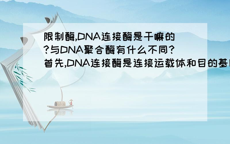 限制酶,DNA连接酶是干嘛的?与DNA聚合酶有什么不同?首先,DNA连接酶是连接运载体和目的基因?连接脱氧核糖和磷酸?什么的脱氧核糖和什么的磷酸?黏性末端自己本身就可以根据碱基互补配对连接