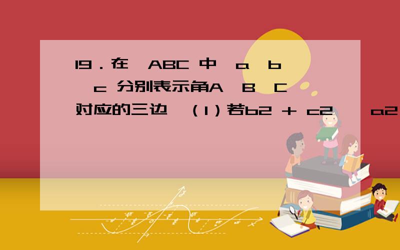 19．在△ABC 中,a、b、c 分别表示角A、B、C 对应的三边,（1）若b2 + c2 − a2 = bc,求第二问怎么写