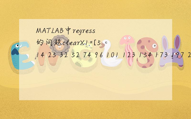 MATLAB中regress的问题clearX1=[5 14 25 32 52 74 96 101 123 154 173 197 215 235];X2=[12 23 34 45 56 67 78 89 100 111 123 134 145 156];Y=(1:14);X=[X1' X2'];%rstool(X,Y)[b,bint,r,rint,stats]=regress(Y',X)但是他告诉我Error in ==> regress at 7[b,