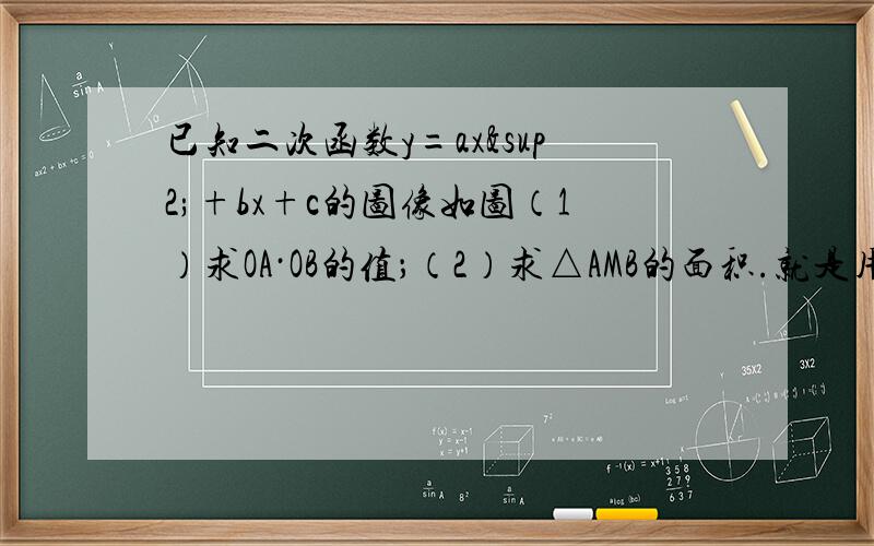 已知二次函数y=ax²+bx+c的图像如图（1）求OA·OB的值；（2）求△AMB的面积.就是用字母表示
