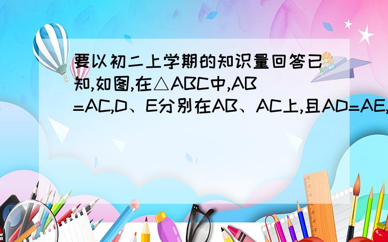 要以初二上学期的知识量回答已知,如图,在△ABC中,AB=AC,D、E分别在AB、AC上,且AD=AE,BE和CD相交于点F,求证DF=EF一定要以初二上学期的第13章前的知识回答