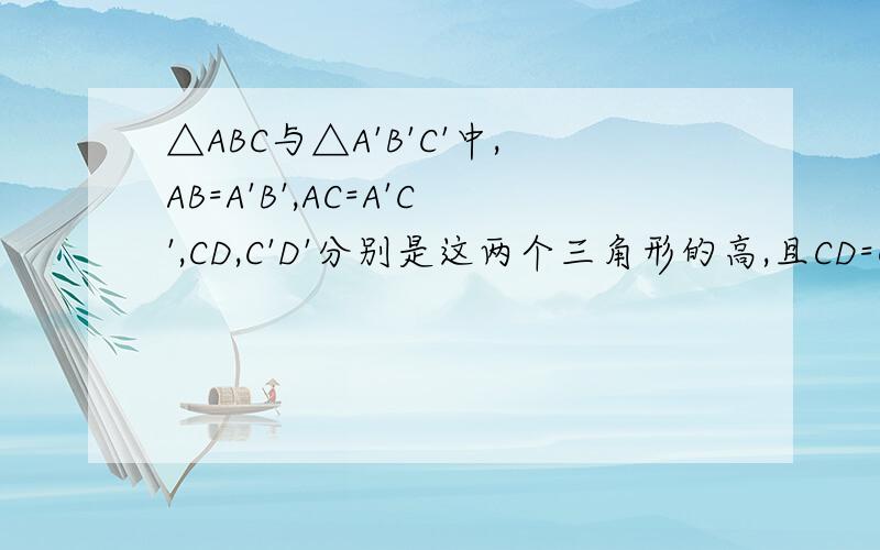 △ABC与△A'B'C'中,AB=A'B',AC=A'C',CD,C'D'分别是这两个三角形的高,且CD=C'D',∠A=80°,则∠B'A'C'=?1L,麻烦给下过程哈 -答案是100°，80°