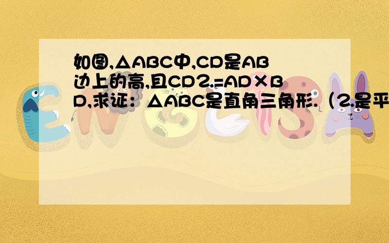如图,△ABC中,CD是AB边上的高,且CD⒉=AD×BD,求证：△ABC是直角三角形.（⒉是平方的意思,2次幕）