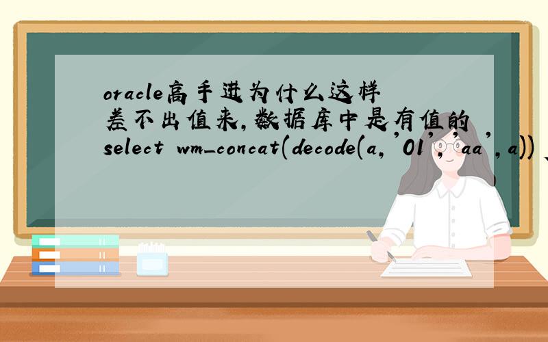 oracle高手进为什么这样差不出值来,数据库中是有值的select wm_concat(decode(a,'01','aa',a)) from (select regexp_substr(t.gwys_1,'[^,]+',1,rownum) a,t.pk_dyccqsfjlb_id id from mchis.jdh_mcheck_first t connect by rownum