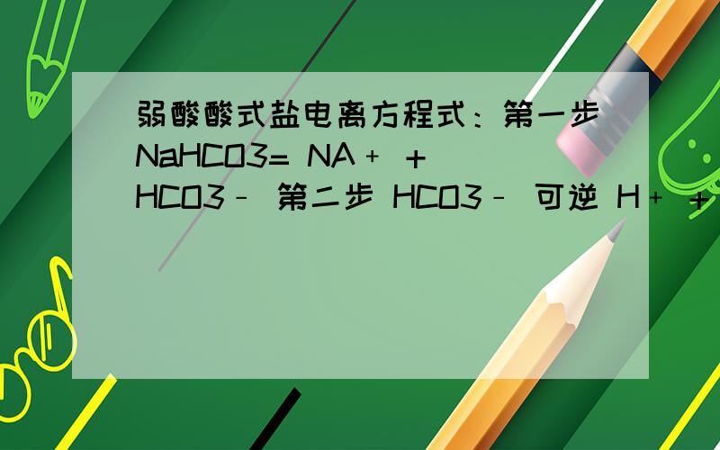 弱酸酸式盐电离方程式：第一步NaHCO3= NA﹢ + HCO3﹣ 第二步 HCO3﹣ 可逆 H﹢ + CO3 2-