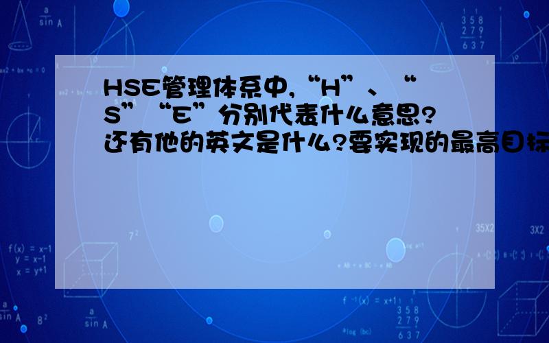 HSE管理体系中,“H”、“S”“E”分别代表什么意思?还有他的英文是什么?要实现的最高目标是什么?谁知道?帮我,