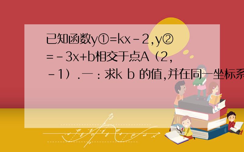 已知函数y①=kx-2,y②=-3x+b相交于点A（2,-1）.一：求k b 的值,并在同一坐标系中作出这两个函数图象二：利用图像,求当x为何值时,1：y①＜y② 2：y①≥y② 3：y①＜0且y②＞0.