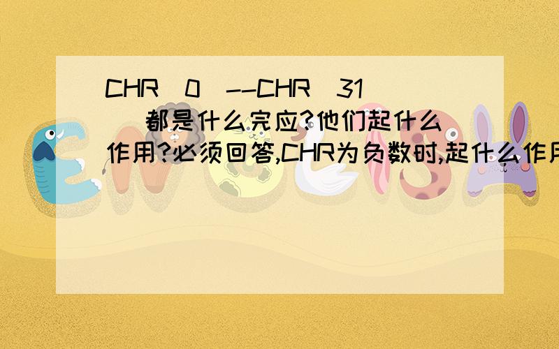 CHR（0）--CHR（31） 都是什么完应?他们起什么作用?必须回答,CHR为负数时,起什么作用?比如CHR（-1000）?