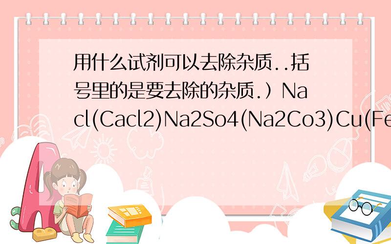 用什么试剂可以去除杂质..括号里的是要去除的杂质.）Nacl(Cacl2)Na2So4(Na2Co3)Cu(Fe)