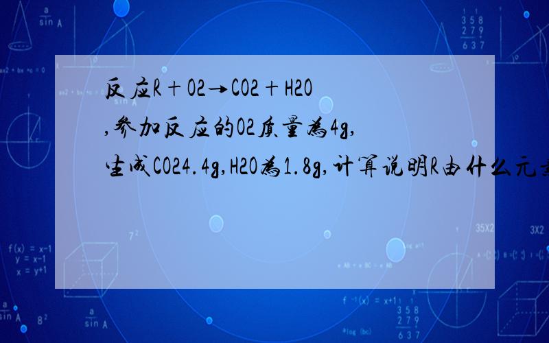 反应R+O2→CO2+H2O,参加反应的O2质量为4g,生成CO24.4g,H2O为1.8g,计算说明R由什么元素组成?反应R+O2→CO2+H2O,参加反应的O2质量为4g,生成CO2为4.4g,H2O为1.8g,计算说明R由什么元素组成?注意是“计算说明”