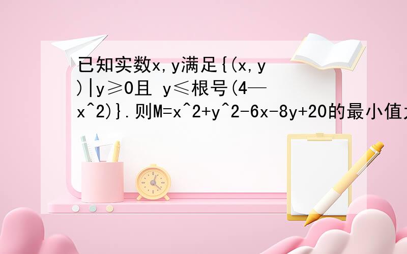 已知实数x,y满足{(x,y)|y≥0且 y≤根号(4—x^2)}.则M=x^2+y^2-6x-8y+20的最小值为A.-2B.1  C.4   D.10