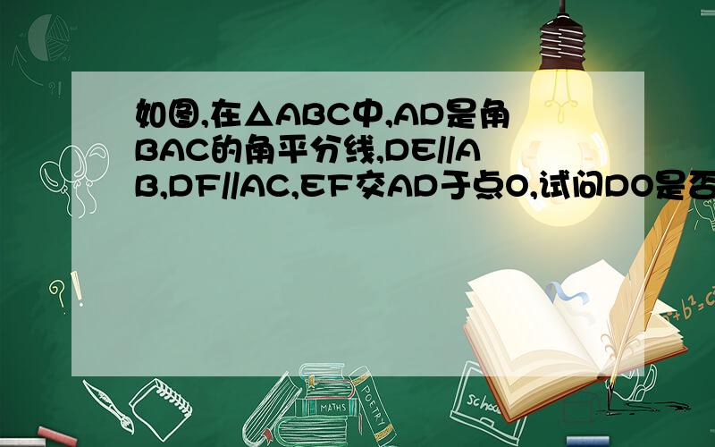 如图,在△ABC中,AD是角BAC的角平分线,DE//AB,DF//AC,EF交AD于点O,试问DO是否是角EDF的角平分线?