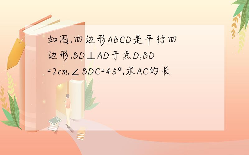 如图,四边形ABCD是平行四边形,BD⊥AD于点D,BD=2cm,∠BDC=45°,求AC的长