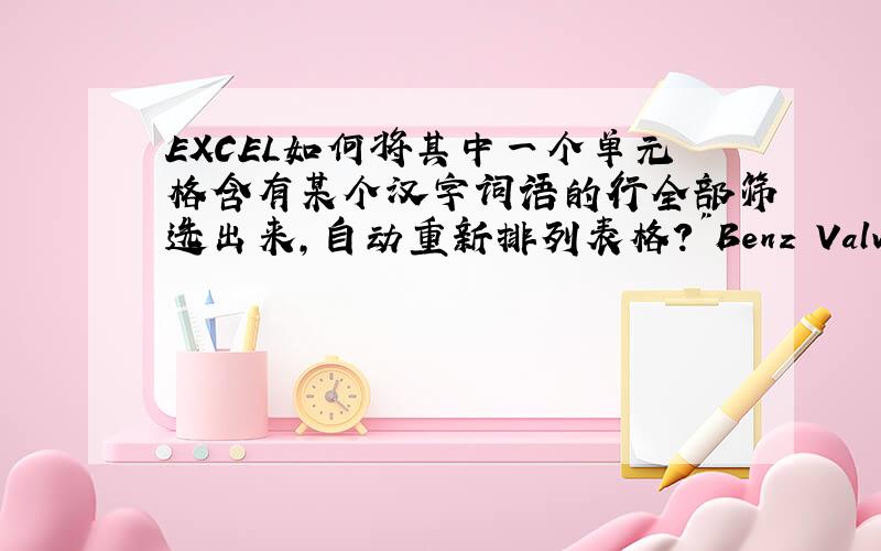 EXCEL如何将其中一个单元格含有某个汉字词语的行全部筛选出来,自动重新排列表格?