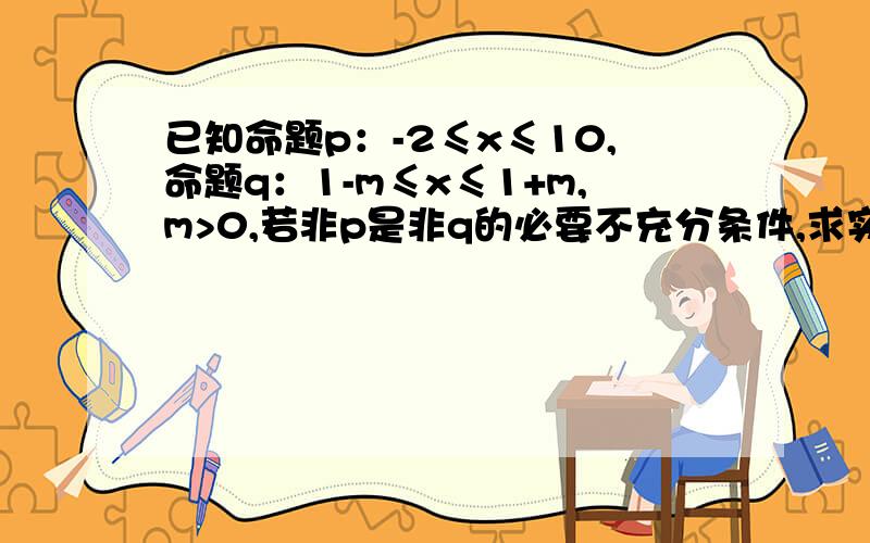 已知命题p：-2≤x≤10,命题q：1-m≤x≤1+m,m>0,若非p是非q的必要不充分条件,求实数m的取值范围