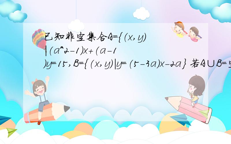 已知非空集合A=｛（x,y）|(a^2-1)x+(a-1)y=15,B={(x,y)|y=(5-3a)x-2a} 若A∪B=空集,则a=____ ,请说明A={x||x|小于或等于5,x∈R},B={y|y∈R},对应关系f:x→y:x^2+y^2=25 确不确定y是x的函数?为什么已知3f(x)+2f(-x)=x+3,求f(