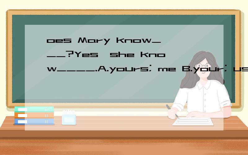 oes Mary know___?Yes,she know____.A.yours; me B.your; us C.you; us D.yours ;usD