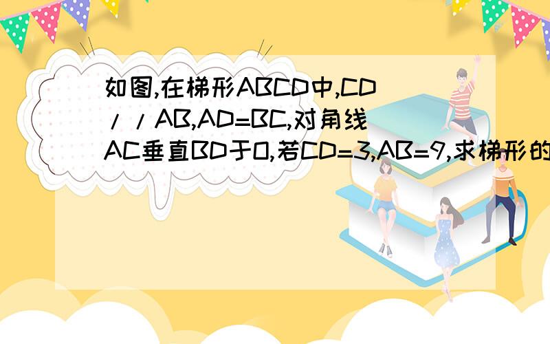 如图,在梯形ABCD中,CD//AB,AD=BC,对角线AC垂直BD于O,若CD=3,AB=9,求梯形的高和面积.
