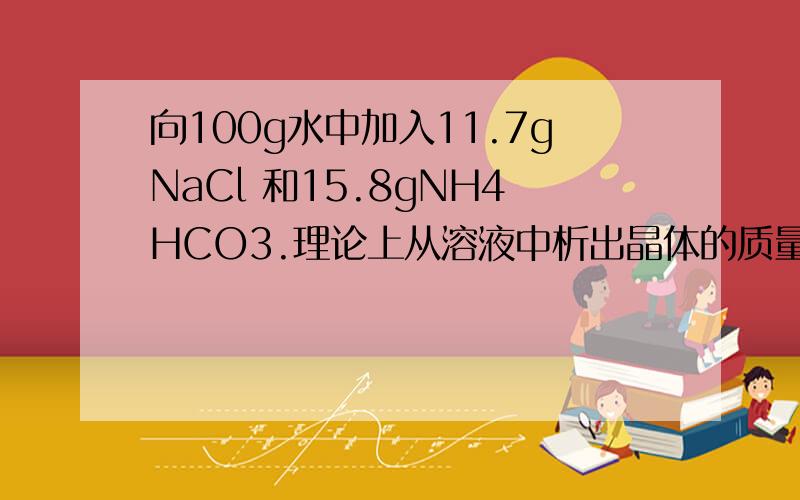 向100g水中加入11.7gNaCl 和15.8gNH4HCO3.理论上从溶液中析出晶体的质量为（）g.NaCl+NH4HCO3=NaHCO3+NH4Cl20℃时四种物质的溶解度如下,假设它们同时在水中各自的溶解度不变NaCl (36.0g) NH4HCO3 (21.6g) NaHCO3 (